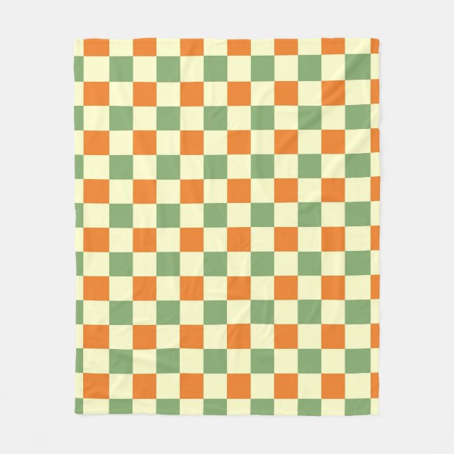 Green Orange Brown Checkered Gingham Pattern Fleece Blanket (Front)