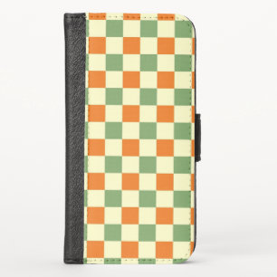 Green Orange Brown Checkered Gingham Pattern iPhone XS Wallet Case