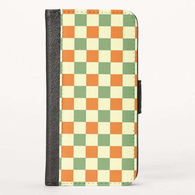 Green Orange Brown Checkered Gingham Pattern iPhone Wallet Case (Front)