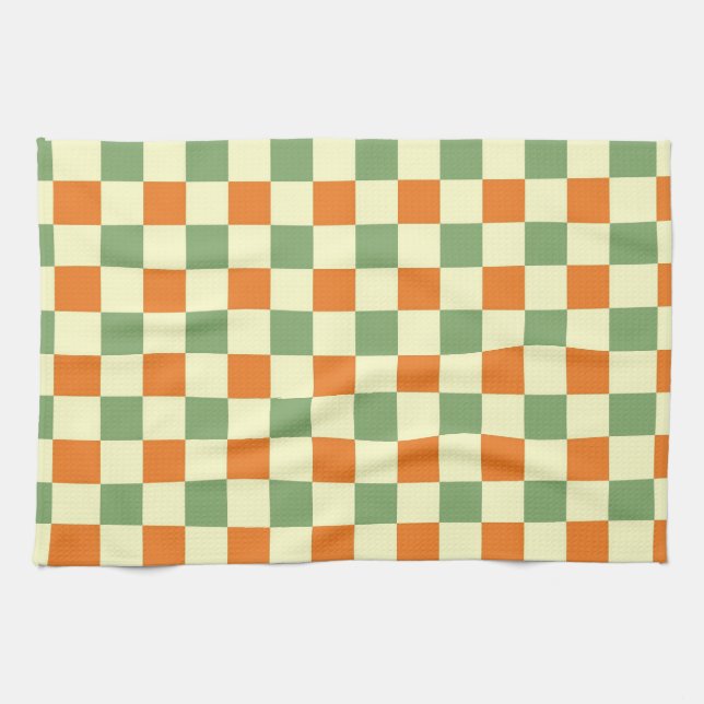 Green Orange Brown Checkered Gingham Pattern Kitchen Towel (Horizontal)