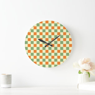 Green Orange Brown Checkered Gingham Pattern Large Clock