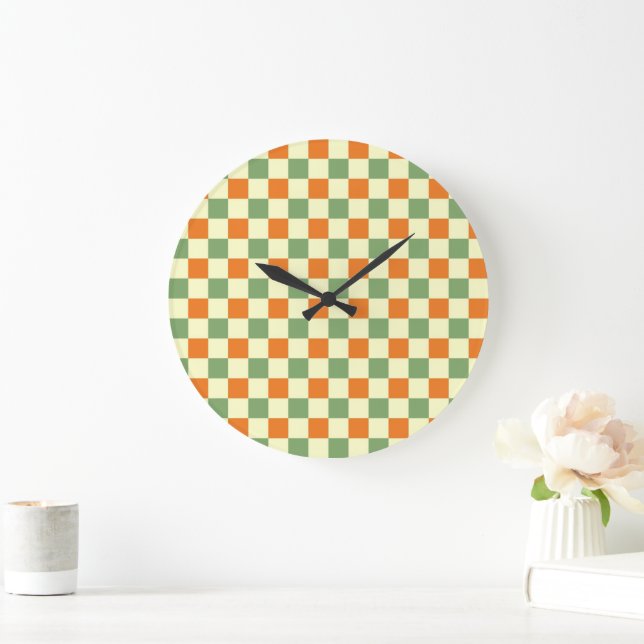 Green Orange Brown Checkered Gingham Pattern Large Clock (Home)