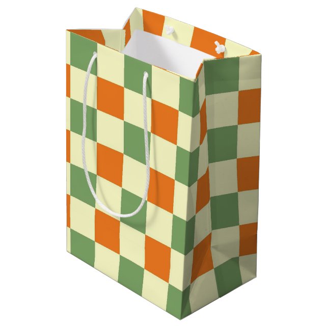 Green Orange Brown Checkered Gingham Pattern Medium Gift Bag (Back Angled)
