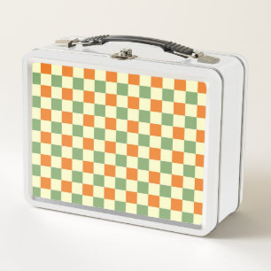 Green Orange Brown Checkered Gingham Pattern Metal Lunch Box