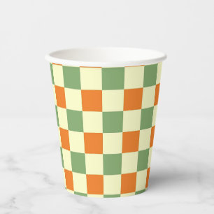 Green Orange Brown Checkered Gingham Pattern Paper Cups