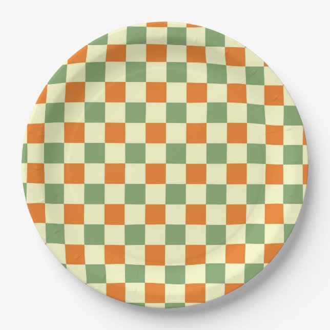 Green Orange Brown Checkered Gingham Pattern Paper Plates (Front)