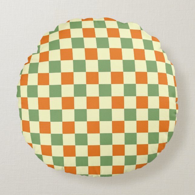 Green Orange Brown Checkered Gingham Pattern Round Pillow (Front)