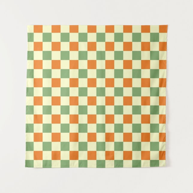 Green Orange Brown Checkered Gingham Pattern Tapestry (Front)