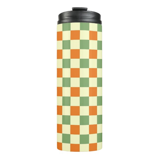 Green Orange Brown Checkered Gingham Pattern Thermal Tumbler (Front)