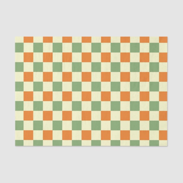 Green Orange Brown Checkered Gingham Pattern Tissue Paper (Front)