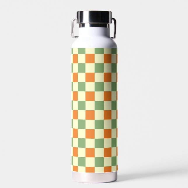 Green Orange Brown Checkered Gingham Pattern Water Bottle (Front)