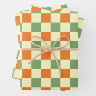 Green Orange Brown Checkered Gingham Pattern Wrapping Paper Sheets