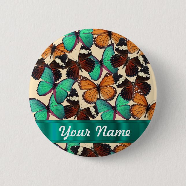 Green & orange butterflies button (Front)