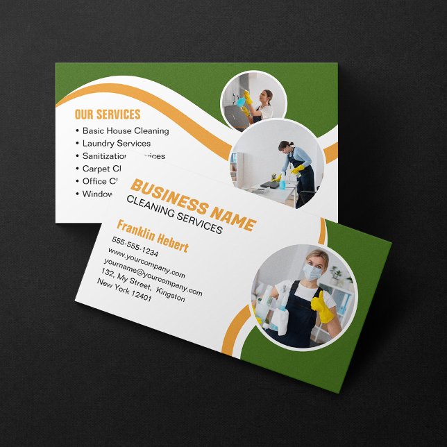 Green & Orange Cleaning Service Housekeeping Maid Business Card (Creator Uploaded)