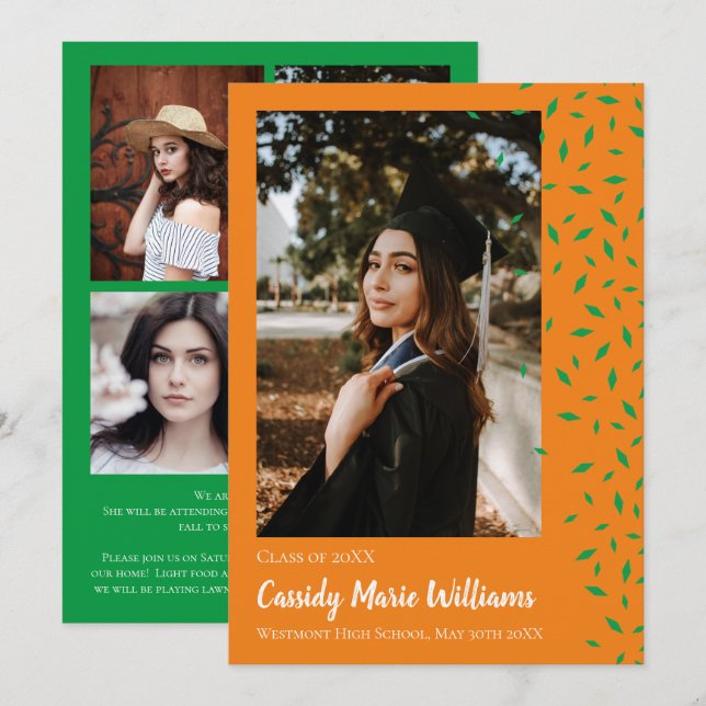 Green Orange Confetti Graduation Announcement (Front/Back)