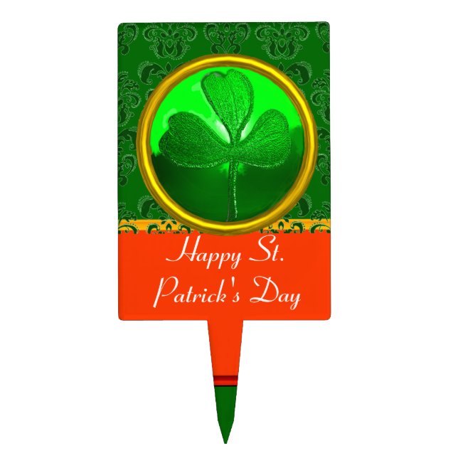 GREEN ORANGE DAMASK ,SHAMROCK CAKE TOPPER (Front)