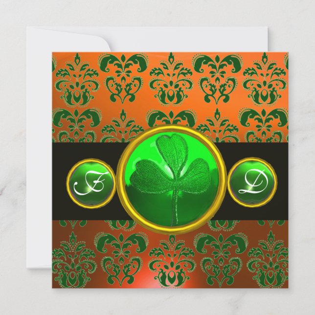 GREEN ORANGE DAMASK ,SHAMROCK MONOGRAM  black Invitation (Front)
