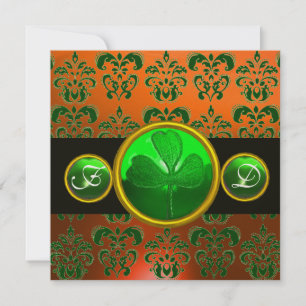 GREEN ORANGE DAMASK ,SHAMROCK MONOGRAM black Invitation