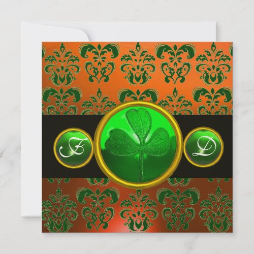 GREEN ORANGE DAMASK SHAMROCK MONOGRAM  black Invitation