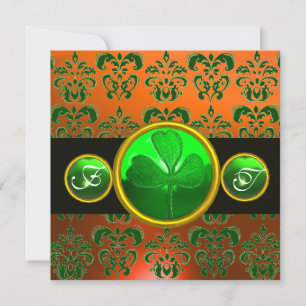GREEN ORANGE DAMASK ,SHAMROCK MONOGRAM black Invitation