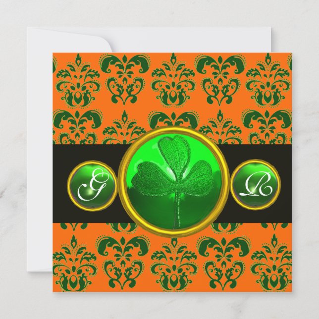 GREEN ORANGE DAMASK ,SHAMROCK MONOGRAM  black Invitation (Front)