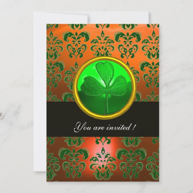 GREEN  ORANGE DAMASK WITH SHAMROCK ,black Invitation (Front)