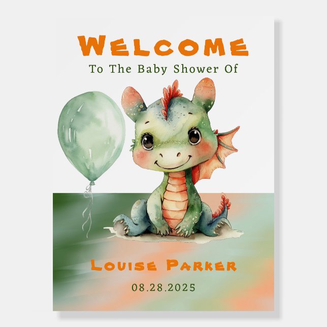 Green Orange Dragon Boy Baby Shower Welcome Sign (Front)