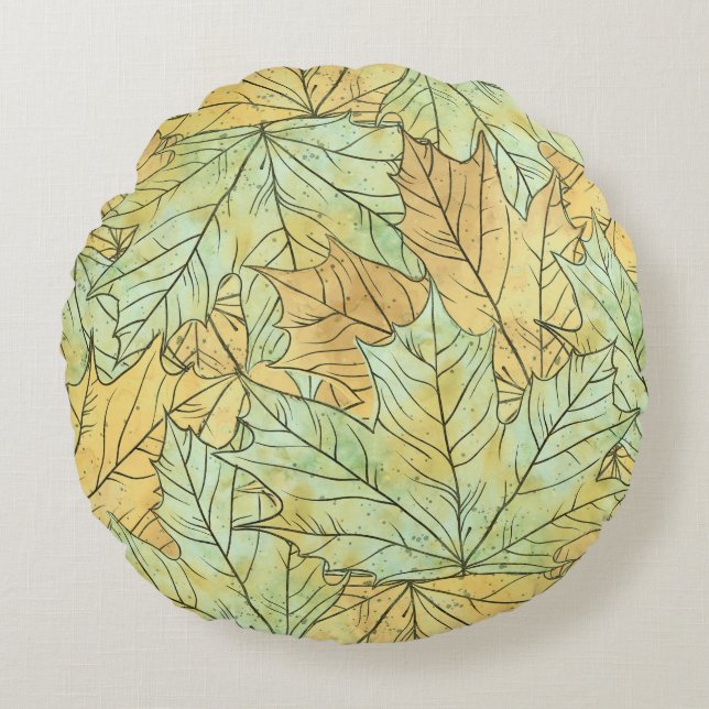 GREEN & ORANGE FALL LEAVES ROUND PILLOW (Front)