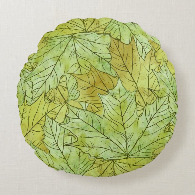 GREEN & ORANGE FALL LEAVES ROUND PILLOW (Front)