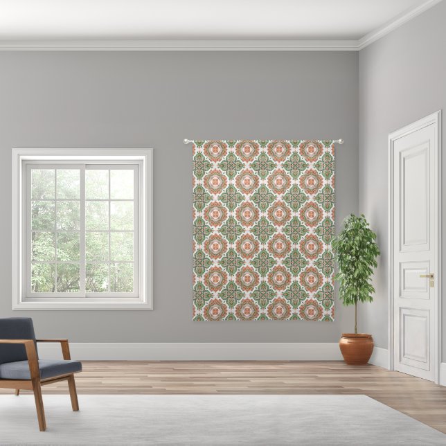 Green orange geometric Mediterranean tile pattern Sheer Curtains (Wide)