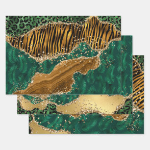 Green & Orange & Gold Glitter Jungle Safari Agate Wrapping Paper Sheets