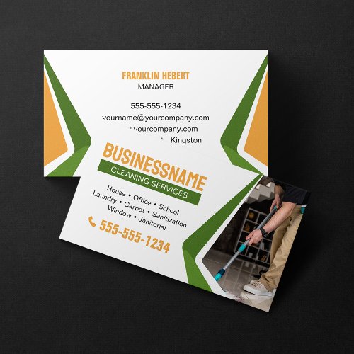 Green  Orange House Cleaning Office Cleaning Maid Business Card