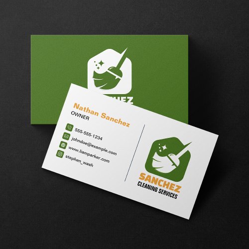 Green Orange House Cleaning Office School Cleaning Business Card