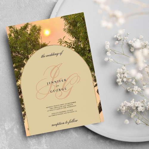 Green orange ivory sunset monogram initial wedding invitation