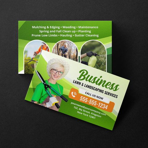 Green Orange Landscaping Lawn Care Mowing Service Business Card