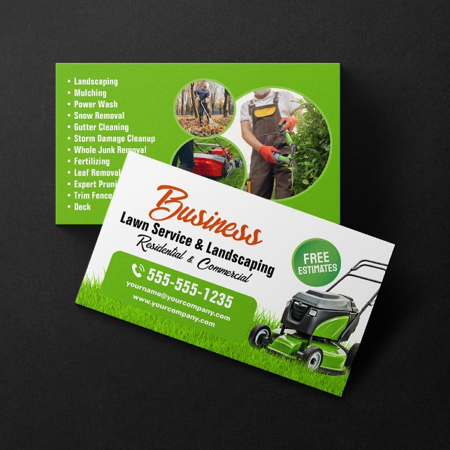 Green Orange Landscaping Mowing Lawn Gardening Business Card (Creator Uploaded)
