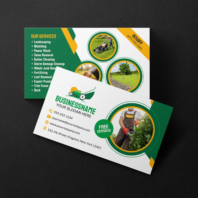 Green & Orange Lawn Care Gardening Mowing Service Business Card (Creator Uploaded)