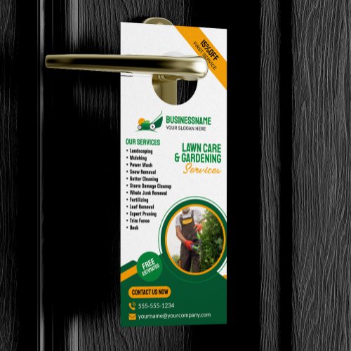 Green  Orange Lawn Care Gardening Mowing Service Door Hanger