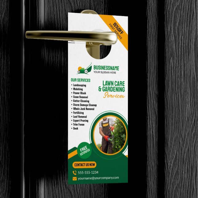 Green & Orange Lawn Care Gardening Mowing Service Door Hanger (Creator Uploaded)