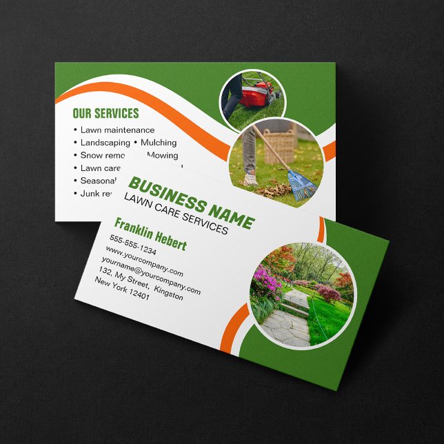 Green Orange Lawn Care Landscaping Mowing 3 Photo Business Card (Creator Uploaded)