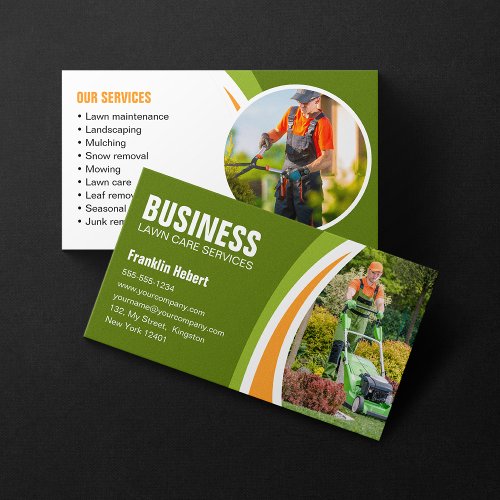 Green Orange Lawn Care Landscaping Mowing Business Card