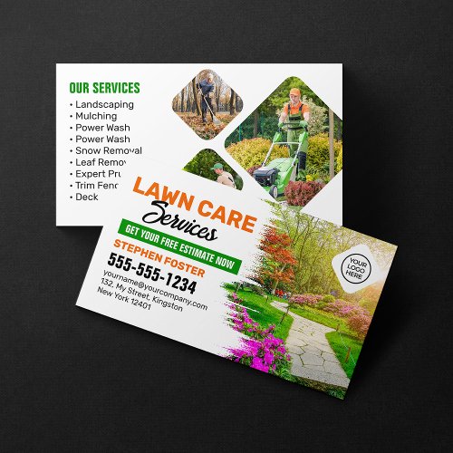 Green  Orange Lawn Care Landscaping Mowing Grass Business Card