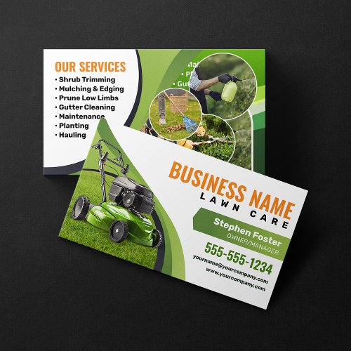 Green Orange Lawn Care Landscaping Mowing Service Business Card