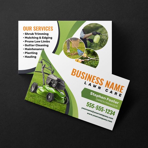 Green Orange Lawn Care Landscaping Mowing Service Business Card