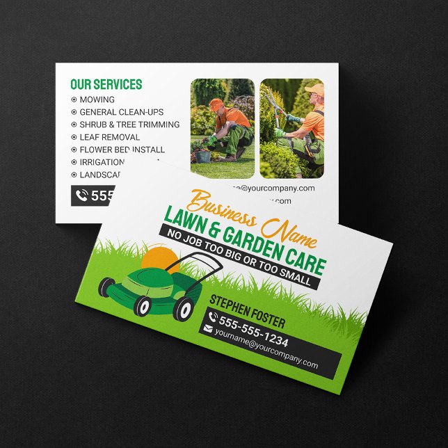 Green & Orange Lawn & Garden Care Mower Mulching Business Card (Creator Uploaded)