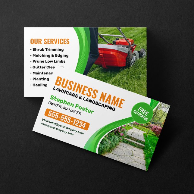 Green & orange Lawn Landscaping Mowing Service Business Card (Creator Uploaded)