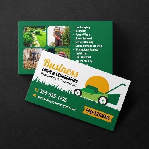 Green Orange Lawn  Landscaping Service Lawncare Business Card