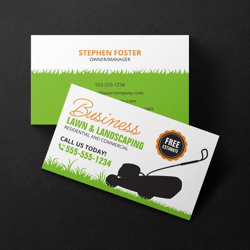 Green Orange Lawn Landscaping Service Lawncare Mow Business Card