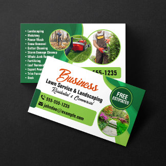 Green & Orange Lawncare Landscaping & Lawn Service Business Card