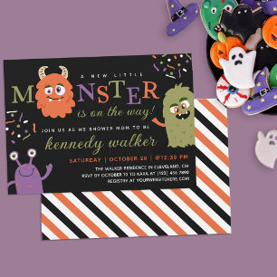 Green Orange Little Monster Halloween Baby Shower Invitation